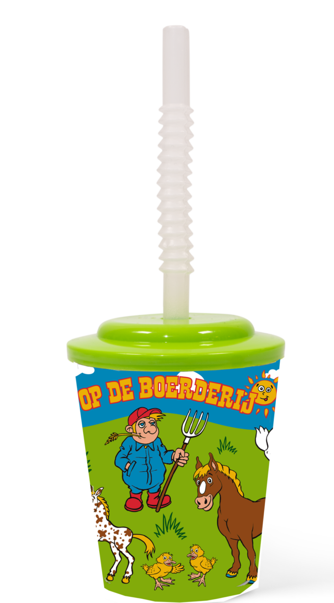 Herbruikbare Ranja beker "Boerderij" met deksel en rietje vanuit voorraad leverbaar!